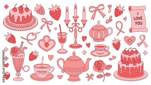Valentine's Day doodle elements with cakes and strawberries