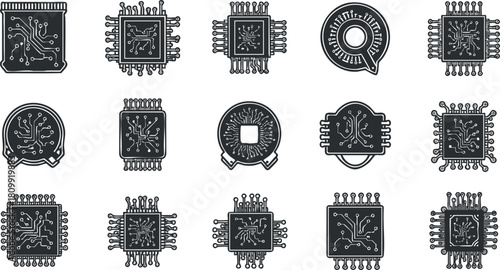 Collection of minimalist black and white vector illustrations of microchips and circuit designs for technology and electronics projects