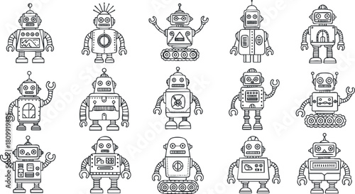 Playful outline vector illustration of a collection of various robot characters for fun and educational design projects