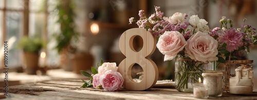 Beautiful Floral Arrangement Featuring a Wooden Number Eight on a Rustic Table