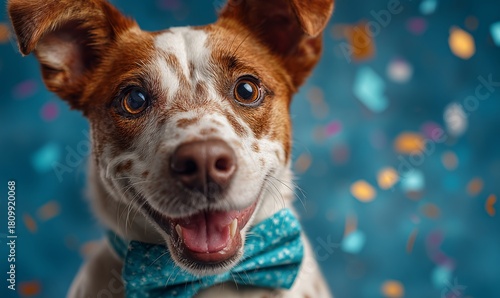 Happy Dog With a Blue Bowtie Smiling Against a Colorful Background During a F...