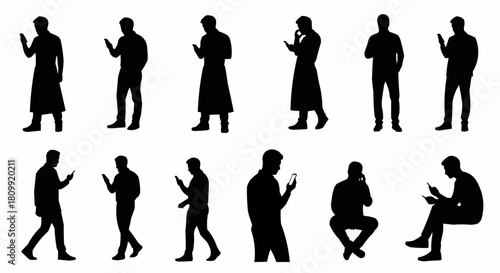 Silhouettes of individuals engrossed in their smartphones, showcasing modern communication.