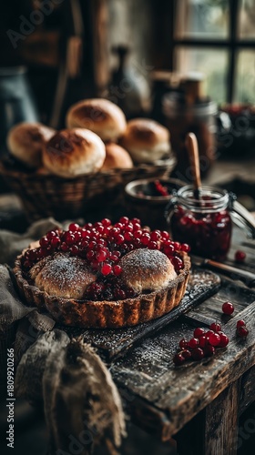 Fresh Baked Pie With Red Berries and Bread Rolls on Rustic Table in Cozy Kitc...