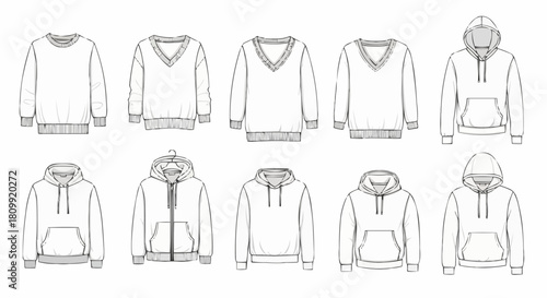 Collection of various mens and womens casual long-sleeve tops and hoodies.