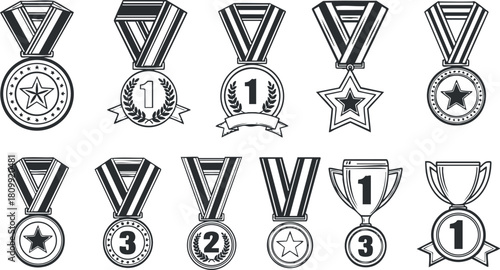 Set of black and white vector illustrations of medals and awards for achievements in competitions and events
