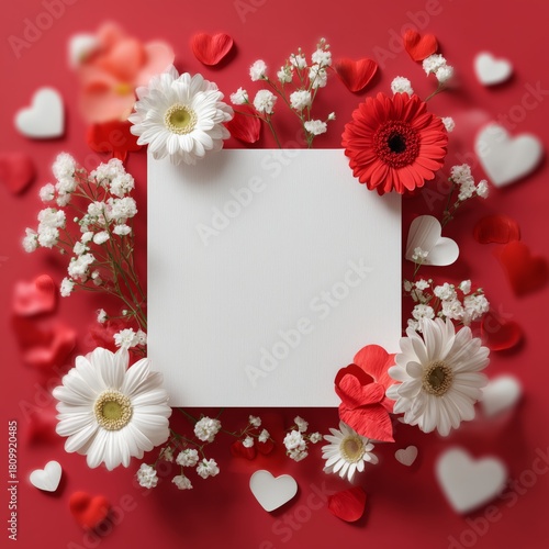 Colorful Floral Frame With Hearts Set on a Red Backdrop for Special Occasions