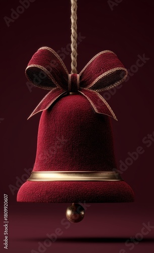 Festive Red Bell With Ribbon Hanging Against a Textured Background