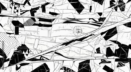 Abstract black and white chaotic lines and shapes background.