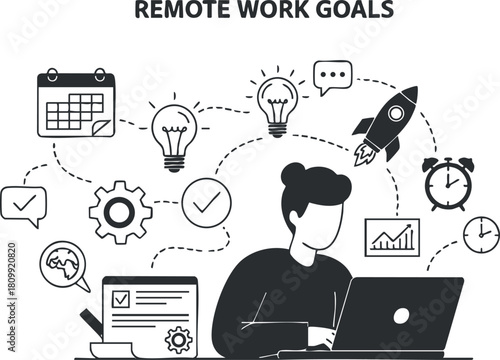 Modern black and white vector illustration depicting remote work goals with various symbols for productivity and planning