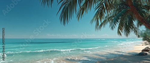 Tropical Beach Scene With Clear Blue Water and Palm Trees on a Sunny Day