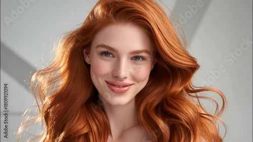 Advertising video of young beautiful woman with silky smooth pure ginger red hair smiling to camera on white modern background.Slow motion.AI Generative.