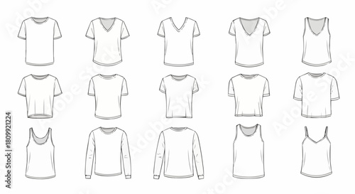 Collection of various blank white t shirts and tank tops for design.