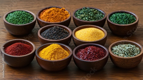 Fototapeta Naklejka Na Ścianę i Meble -  Vibrant spice display rustic wooden table food photography natural lighting inviting viewpoint culinary art