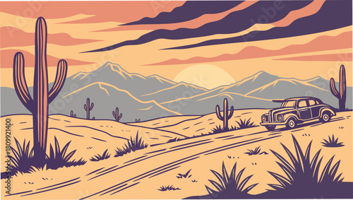 Vintage Texas Desert Sunset – Retro Western Landscape Rustic Lone Star Pride Vector Design