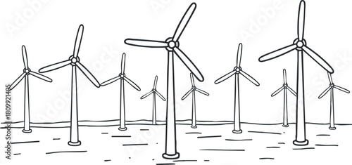 Outline vector illustration of multiple wind turbines in a landscape, representing renewable energy and sustainability concepts.