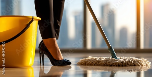 Woman Mops Floor in High-Rise Building With City View During Sunset