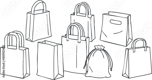 Outline vector illustration of various shopping bags and sacks, suitable for retail and packaging design projects