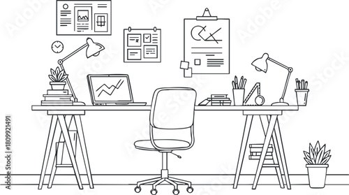 Minimalist line art vector illustration of a modern workspace featuring a desk, chair, plants, and office supplies for creative projects