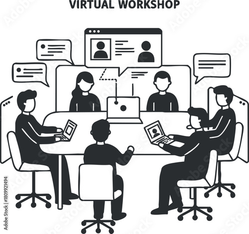 Flat design vector illustration of a virtual workshop featuring participants engaged in online collaboration and discussion.
