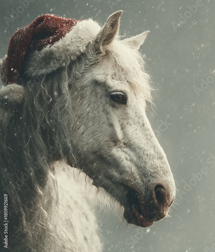 White Horse Wearing a Red Christmas Hat in a Snowy Landscape During Winter Fe...