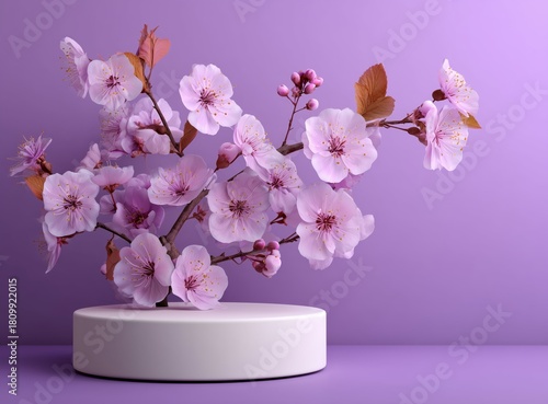 Beautiful Cherry Blossom Arrangement on a White Pedestal Set Against a Purple...