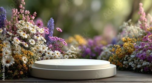 Beautiful Flower Arrangement With a Circular Platform in a Sunny Garden Setting