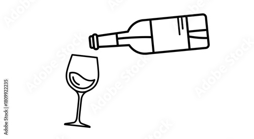 Wine Pouring Icon – Bottle and Glass Outline, Drink Symbol for Bar or Winery