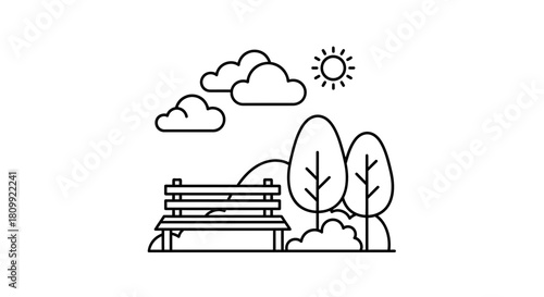 Park Bench Scene Icon: Nature and Leisure Symbol