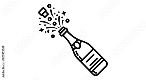 Celebration Champagne Bottle Icon Popping with Confetti – Minimalist Line Art Design
