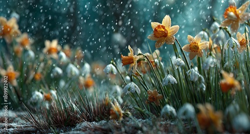 Daffodil Flowers Bloom in a Garden During a Gentle Rain Shower in Early Spring