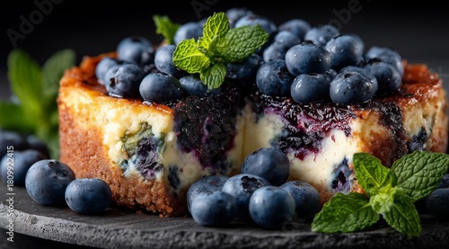 Blueberry Cheesecake Topped With Fresh Blueberries and Mint Leaves on a Dark ...