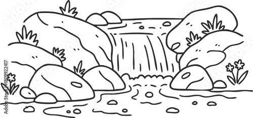 Outline vector illustration of a serene waterfall scene with rocks and surrounding flora, ideal for nature-themed designs