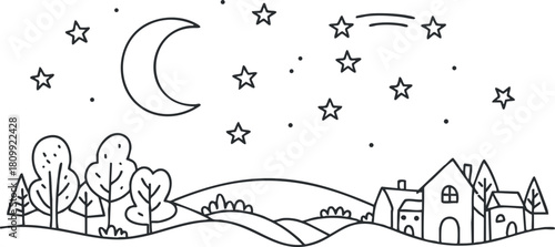 Whimsical outline vector illustration of a peaceful night landscape featuring trees, a house, a crescent moon, and stars.