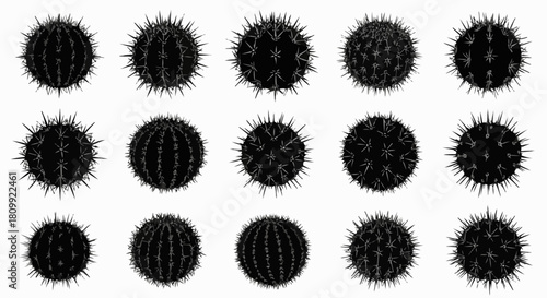 Multiple black spiky microscopic organisms or particles arranged in a grid pattern.