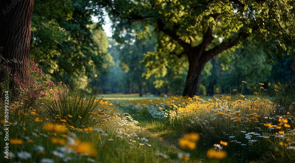 Naklejka premium Sunny Meadow Filled With Wildflowers and Lush Trees on a Warm Spring Day