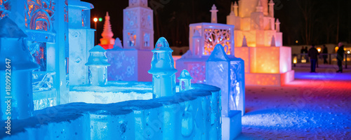 Colorful illuminated ice sculptures at winter festival night  