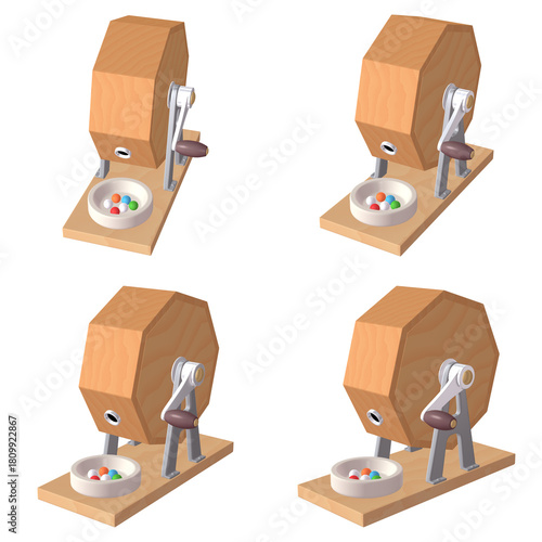 催事・イベントのイラスト素材　ガラポン抽選器（1）　黄　抽選玉付　カット四点セット（1）　