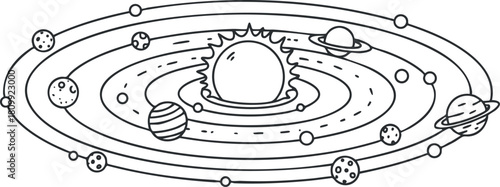 Outline vector illustration of the solar system featuring planets orbiting the sun, ideal for educational and scientific projects