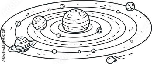 Outline vector illustration of the solar system featuring planets, orbits, and a comet, suitable for educational and design projects