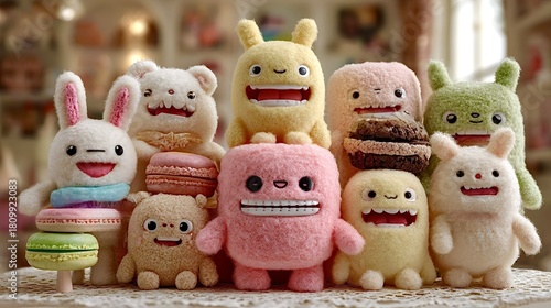 Group of cute plush monsters smiling with macarons