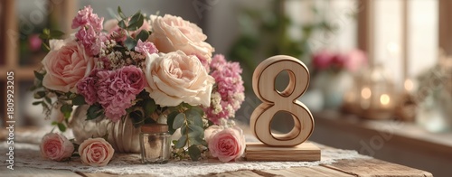Beautiful Floral Arrangement With Wooden Number 8 on a Table in Soft Light Se...