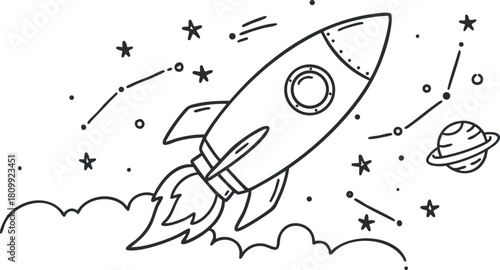 Whimsical black and white vector illustration of a rocket launching into space, surrounded by stars and planets, ideal for educational or creative projects.