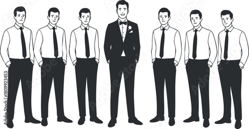 Minimalist vector illustration of a groom surrounded by groomsmen in formal attire, suitable for wedding invitations and celebration themes