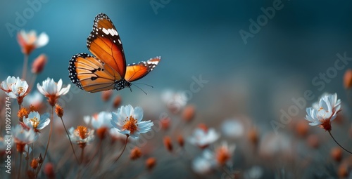 Colorful Butterfly Hovering Over Blooming Flowers in a Serene Garden Scene Du...