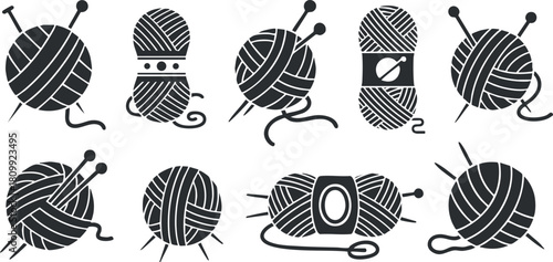Creative vector icon set of yarn balls and knitting needles, perfect for crafting and textile design projects
