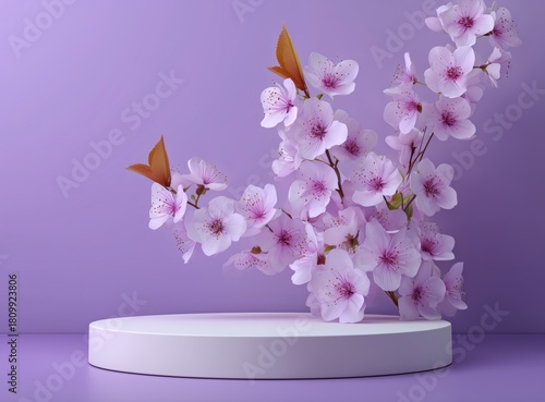 Cherry Blossom Branches Displayed on a Round Pedestal With a Purple Background