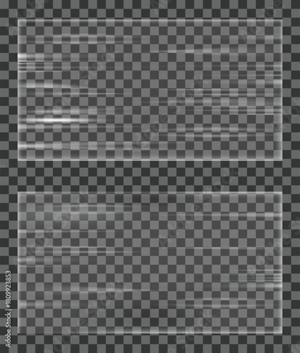 Realistic stretched white plastic warp. Polyethylene background. Vector transparent cellophane mockup