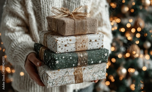 Festively Wrapped Gifts Held by a Person in a Cozy Sweater Near a Decorated C...