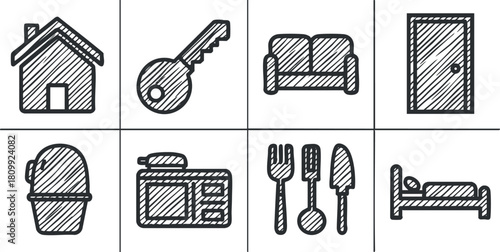 Hand-drawn style vector icon set featuring home essentials like house, key, couch, door, and furniture items