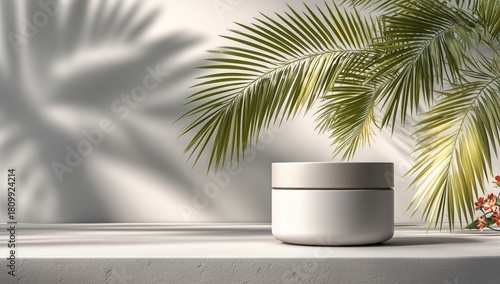 Minimalist Skincare Container Placed on White Pedestal Surrounded by Green Pl...